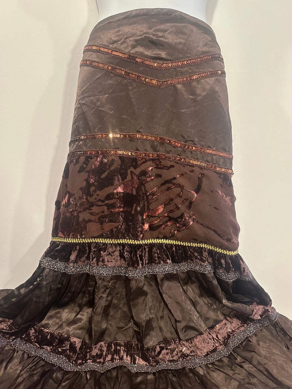 Vintage Mouvance French Y2K Espresso Brown Satin Velvet Sequin Maxi Skirt 40